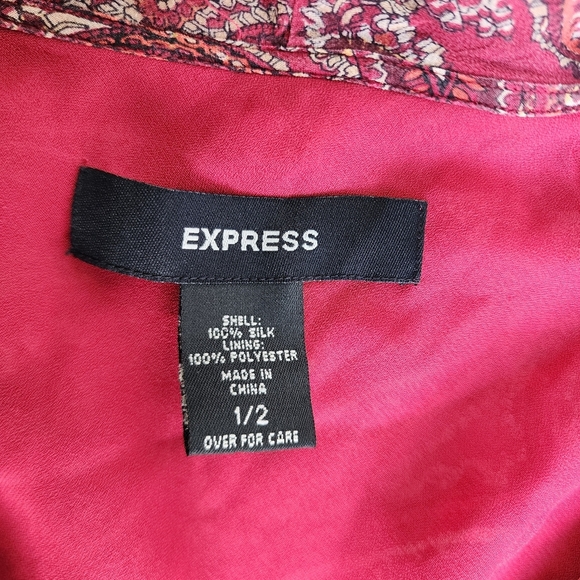 Express Red Paisley 100% silk Ruffle neck Flounch Sleeves Cinch Waist Dress 1/ 2 - Picture 8 of 14